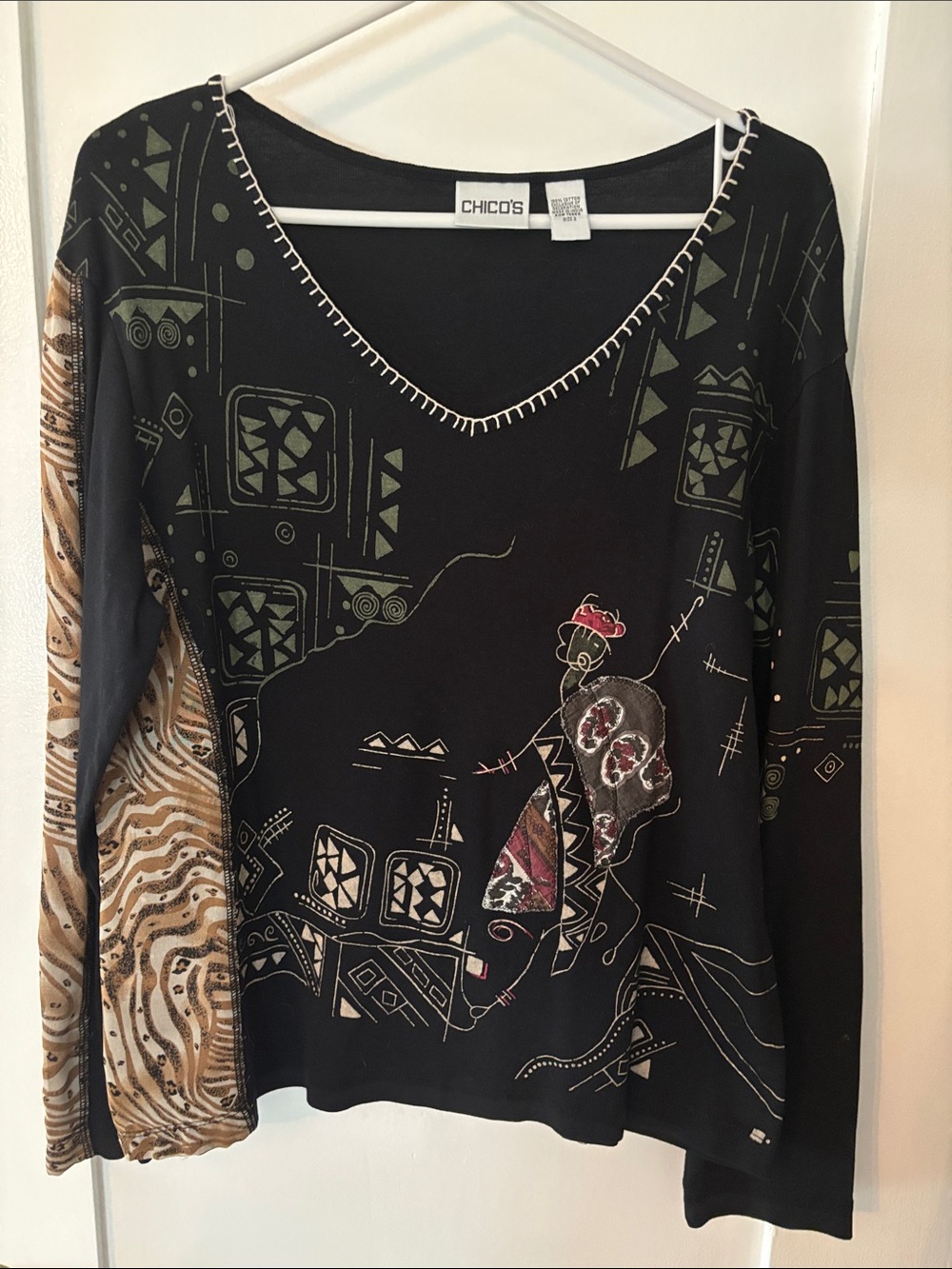 Chico's Black Long-Sleeve V-Neck Top with Olive & Tan Accents
